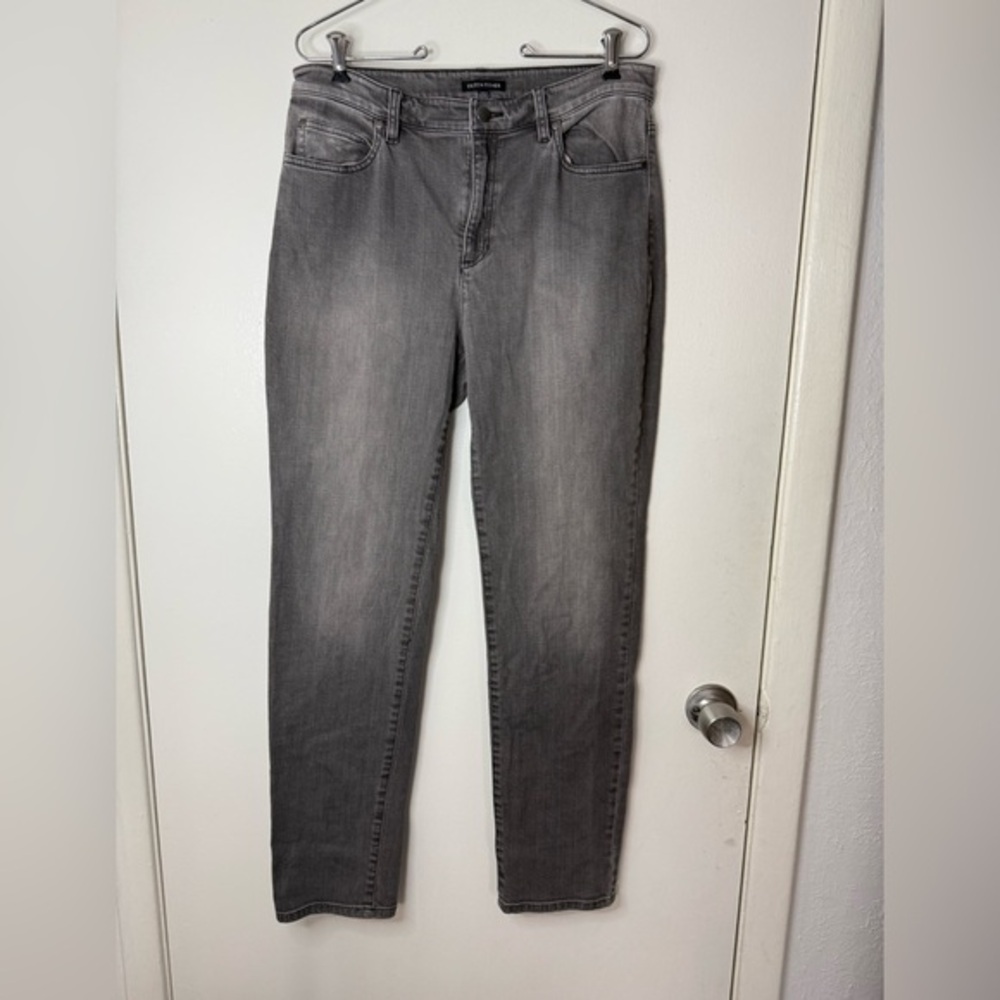 Eileen Fisher faded black/gray organic cotton tapered ankle high waist jeans 10